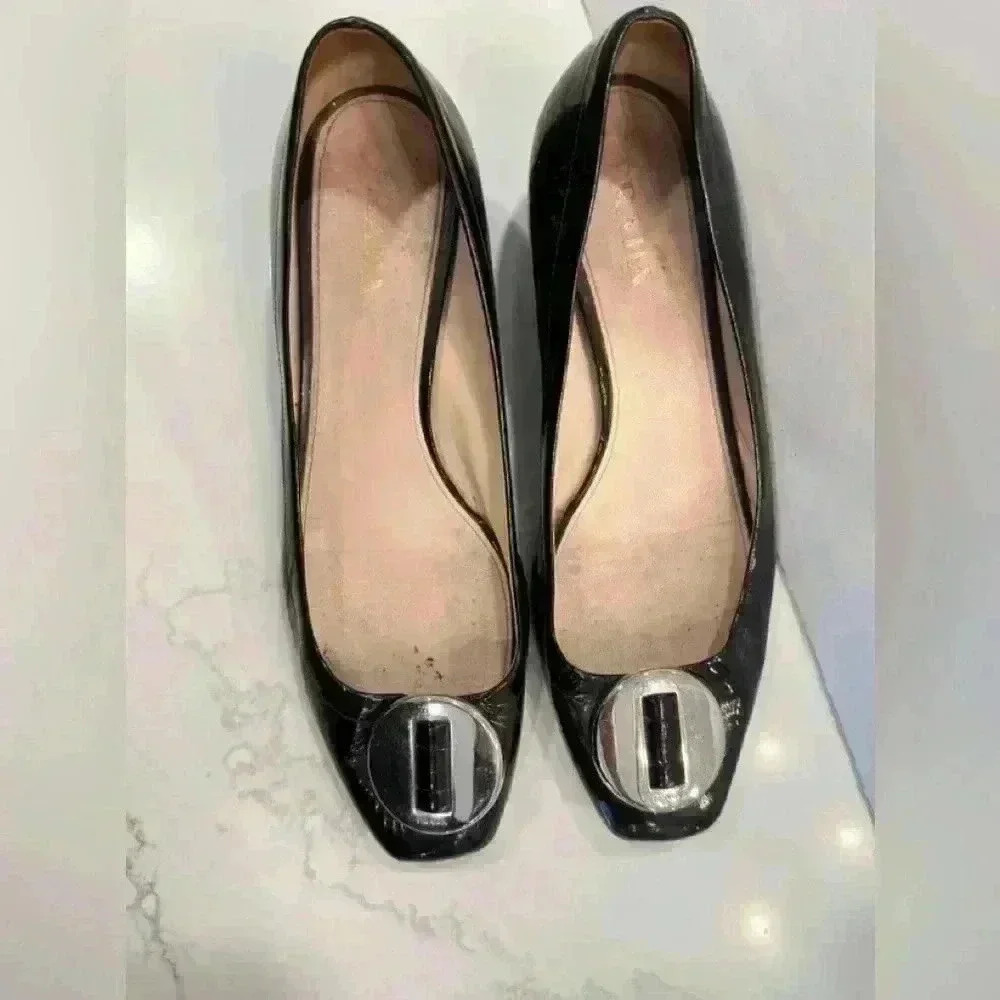 Prada Logo Black Patent Square Toe Low Block Heels Pumps Size 40 - Picture 12 of 12